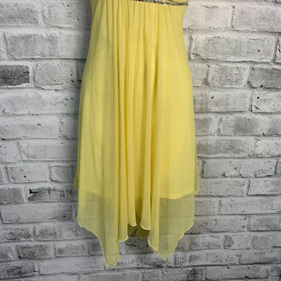 Vintage Babydoll Sheer Yellow Chiffon Handkerchief Asymmetrical Hem Midi Dress - Picture 4 of 13